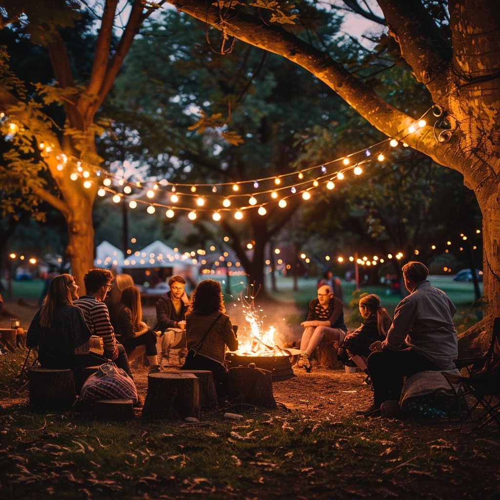 hero photo: campfire at dusk, cabin group seated